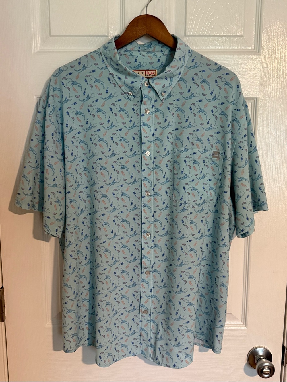 Huk Light Blue Short-Sleeve Button-Down with Fishing Lure Print